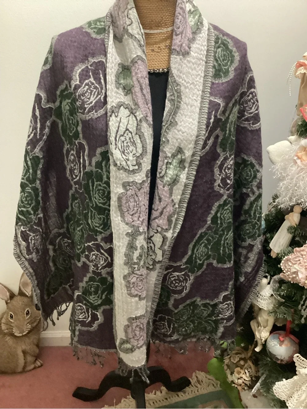 Floral Knit Wrap Shawl in Purple, Green & Cream